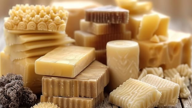 A pile of different types and sizes of soap on a table