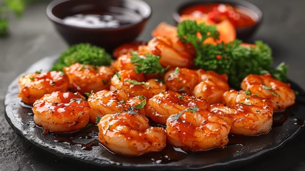 A plate of shrimp with sauce and garnish on a black table