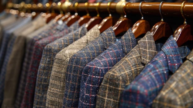 A row of suits hanging on a rack in front of wooden hangers