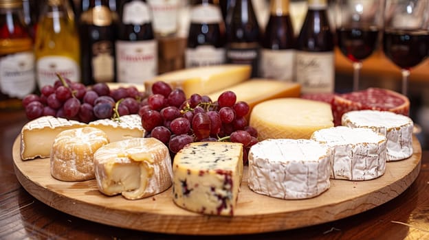 A wooden platter with cheese, grapes and other assorted foods