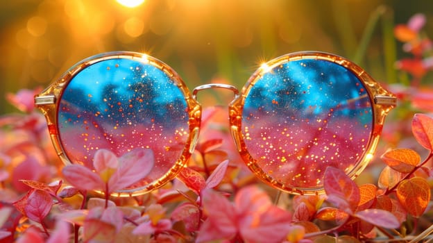 A pair of a close up shot of some sunglasses on top of flowers