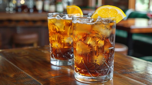 Two glasses of iced tea with a slice of orange on top