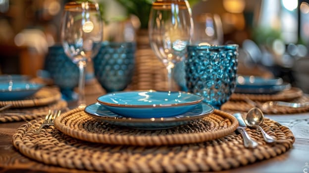 A table setting with blue plates and glasses on a woven mat