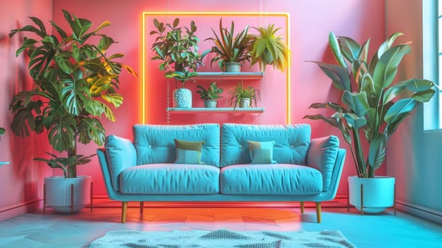 A blue couch in a pink room with plants on the wall