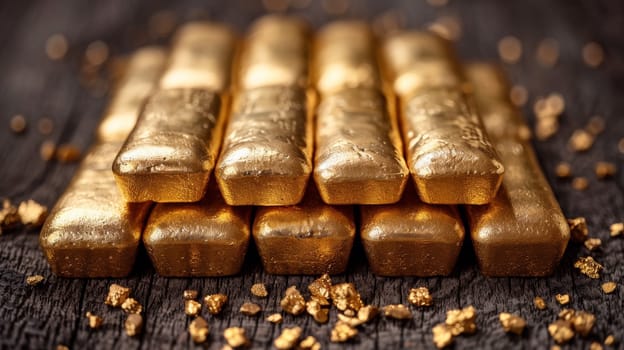 A pile of gold bars on a wooden table with some small pieces