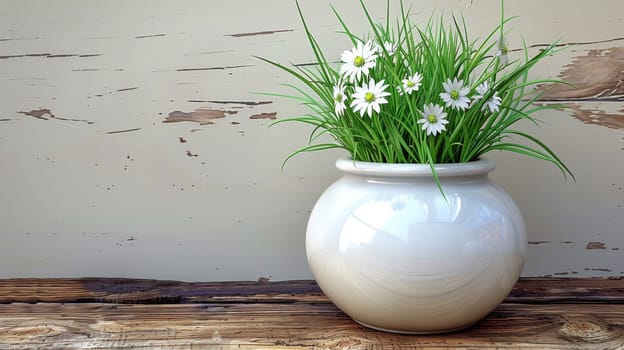 A white vase with flowers in it on a wooden table