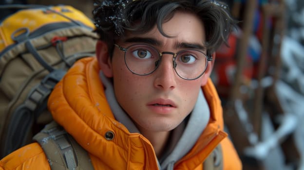 A close up of a young man with glasses and orange jacket