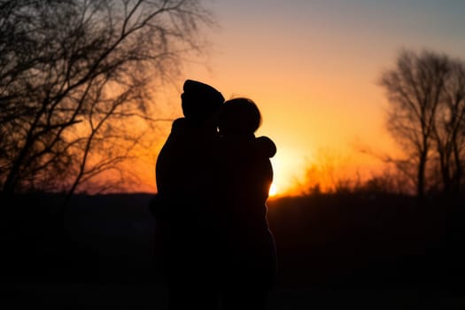 Two people hugging in sunset. Romance nature. Fictional person. Generate Ai