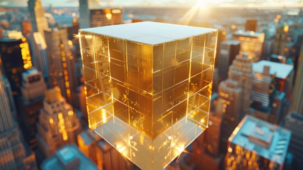 A golden cube is sitting on top of a city skyline
