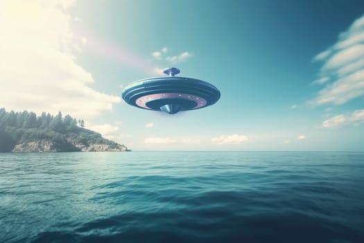 Ufo fly above sea. Sky spaceship. Generate Ai