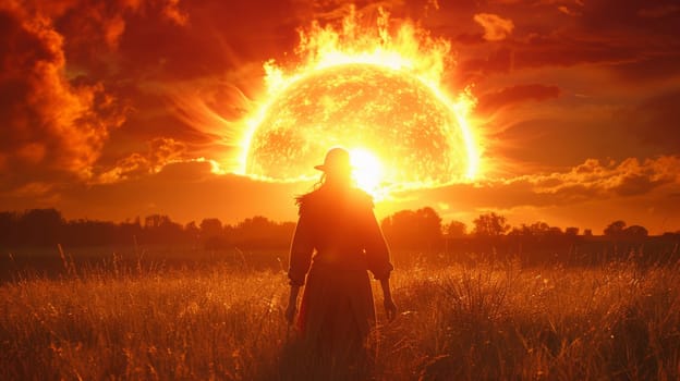 A person standing in a field with the sun behind them