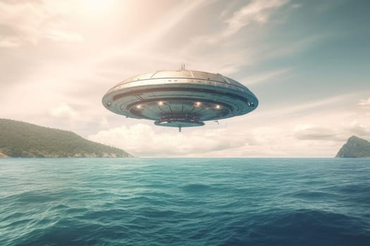 Ufo fly above sea marine. Science travel. Generate Ai