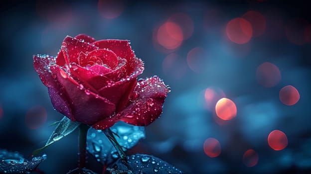 A red rose with water droplets on it is shown