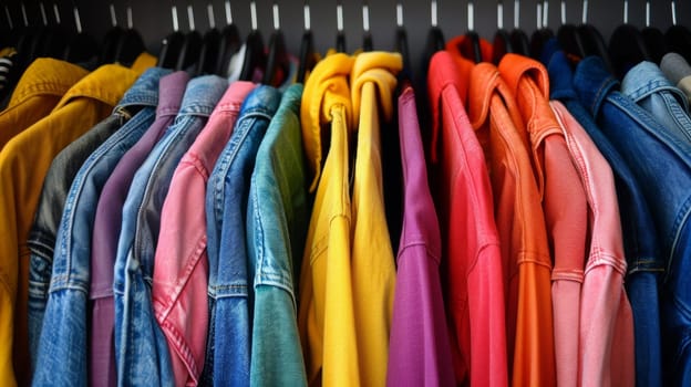 A rack of clothes hanging on a hanger with different colored shirts