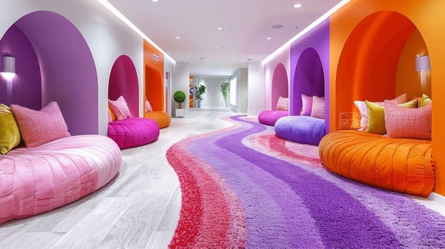 A colorful room with a rug and pillows in it