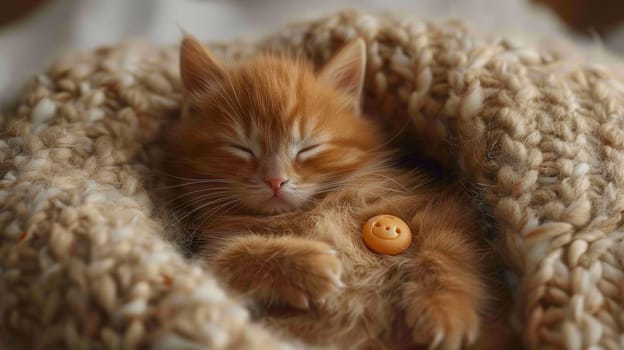 A small orange cat sleeping in a blanket with an eye button