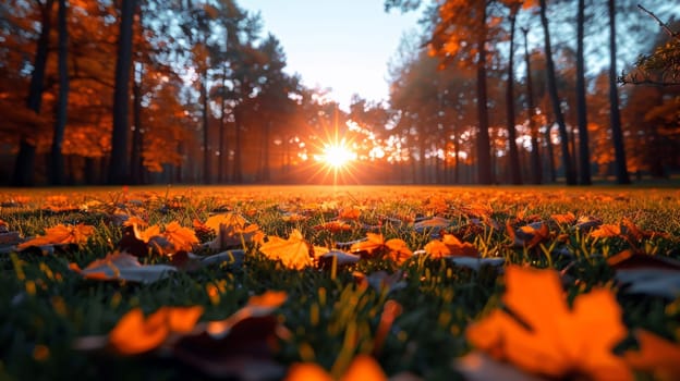 A field with many leaves on the ground and a sun setting