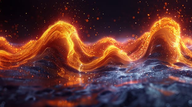 A close up of a wave with orange flames and water