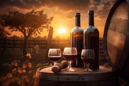 Vineyard wine bottle at barrel. Nature sunset. Generate Ai