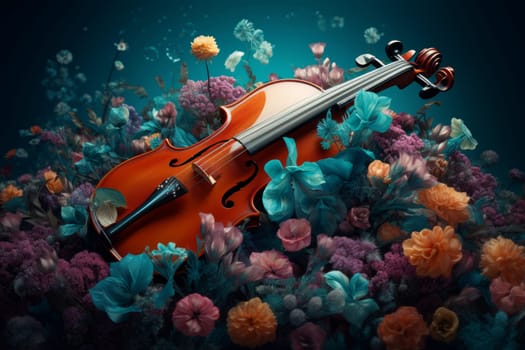 Violin surrounded floral. Classical instrument. Generate Ai