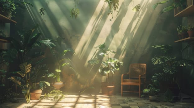 A room with a chair and plants in the sun