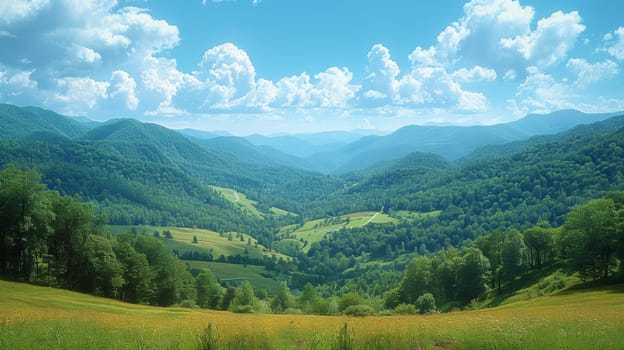 A view of a valley with mountains in the background