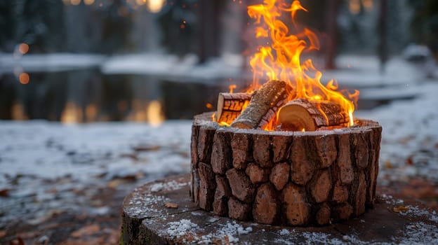 A fire pit with logs and flames in the snow