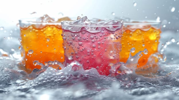 Three glasses of liquid are being sprayed with water