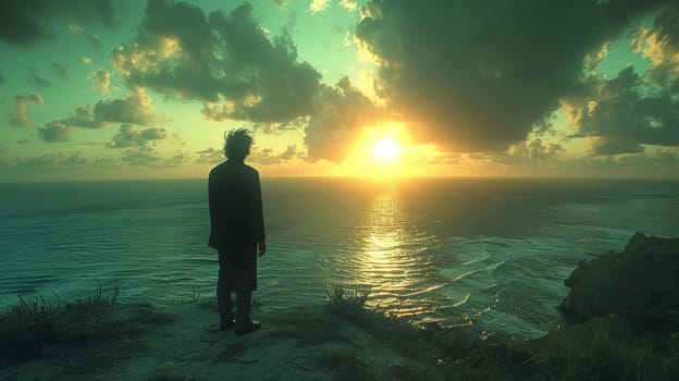 A man standing on a cliff overlooking the ocean at sunset