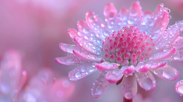 A close up of a pink flower with water droplets on it