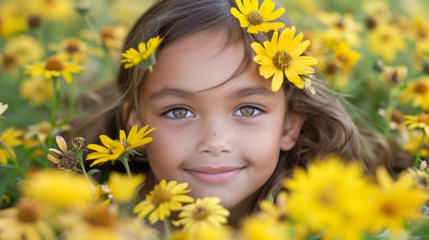 A young girl with a smile in the middle of yellow flowers