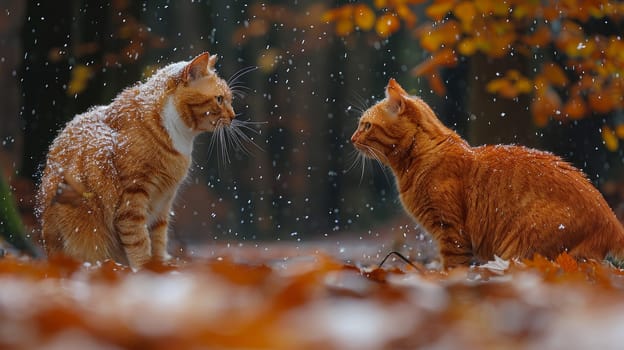 Two orange cats sitting in the leaves looking at each other