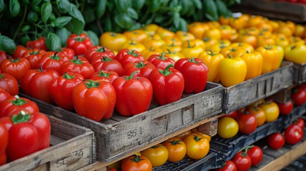 A variety of tomatoes and peppers are displayed in wooden crates