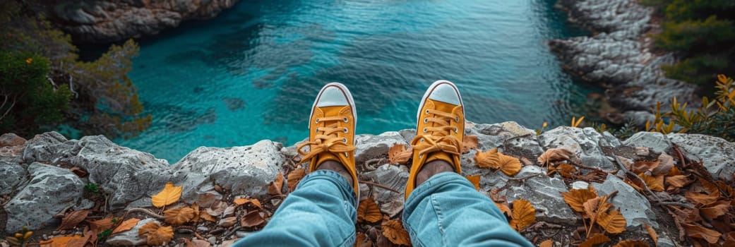 A person wearing yellow sneakers standing on a ledge overlooking water