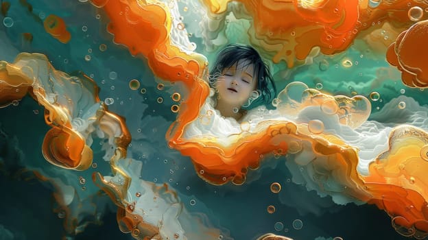 A child is swimming in a pool of orange and yellow bubbles