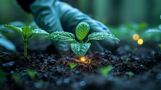 A person in a green glove is planting seeds into the ground