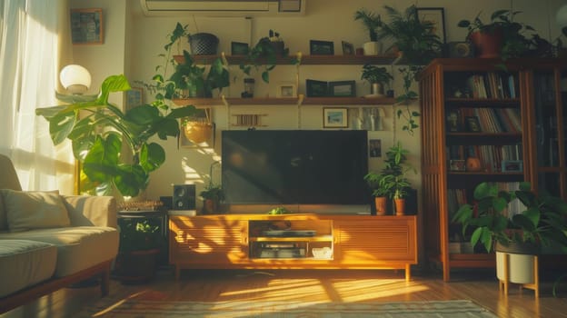 A living room with a tv and plants on the wall