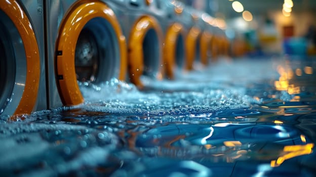 A row of washing machines in a pool with water