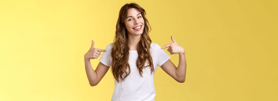 If you want professional its me. Sassy good-looking confident outgoing young woman introduce herself bragging own accomplishments pointing her chest smiling satisfied yellow background.