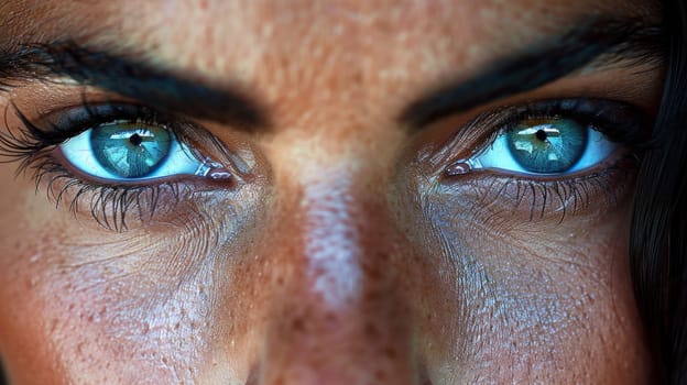 A close up of a woman's face with blue eyes