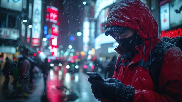 A person in a red jacket looking at his cell phone