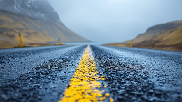 A road with yellow line and a mountain in the background