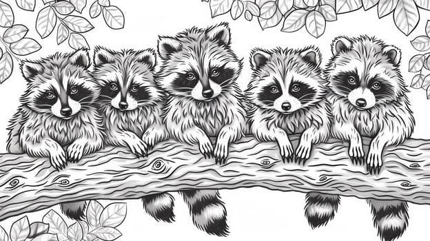 A group of raccoons sitting on a branch with leaves