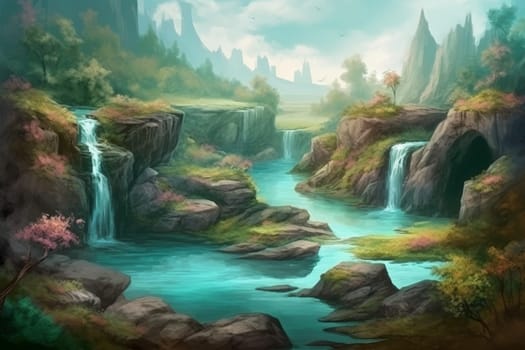 Beautiful fantasy river forest. Game grass. Generate Ai