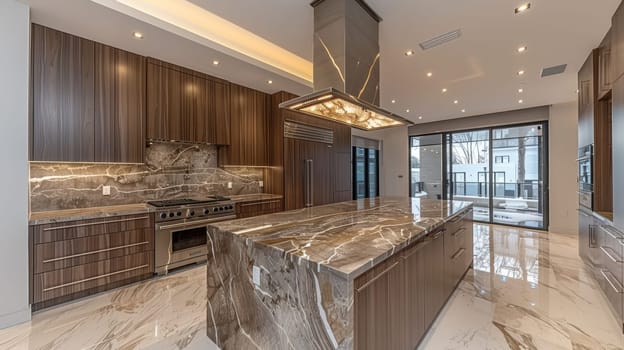 A kitchen with a marble island and stainless steel appliances