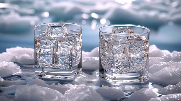 Two glasses of water with ice cubes in them on a table
