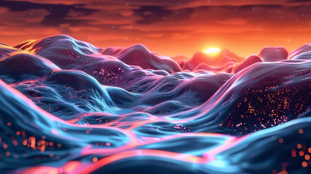 A digital painting of a sunset over mountains and water