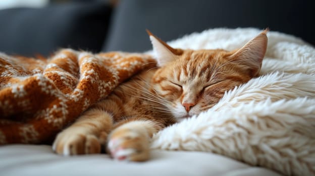 A cat sleeping on a blanket with its eyes closed