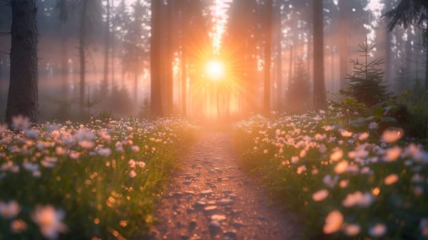 A path through a forest with flowers and trees