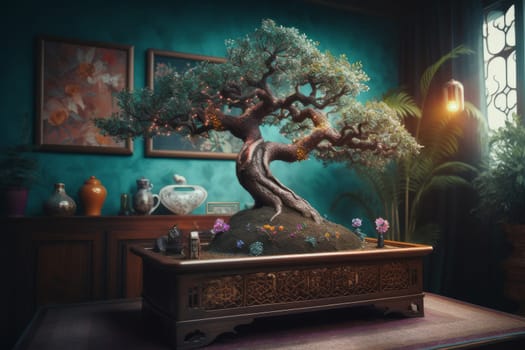 Bonsai art tree. Cozy room interior. Generate Ai